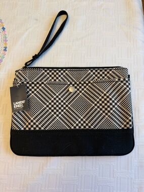 Lands' End Black and White Plaid Wristlet Clutch with Black Trim